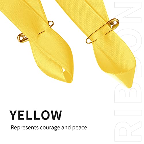 Image of 100 Pieces Yellow Satin Awareness Ribbons with Safety Pins for International Childhood Cancer Day 1.4 x 3 inch
