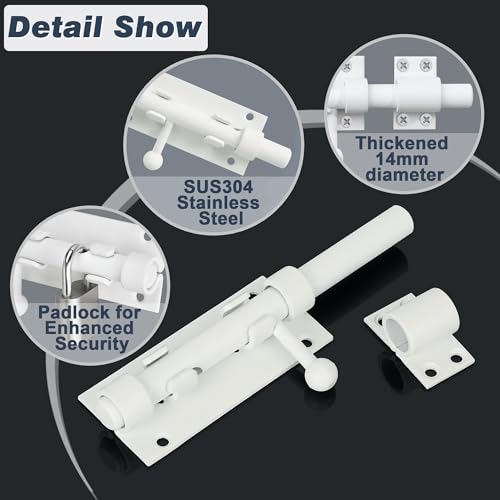 Image of Alise Stainless Steel Gate Latch - Slide Bolt, Heavy Duty Door Latch, White Barrel Bolt, Security Slide Lock