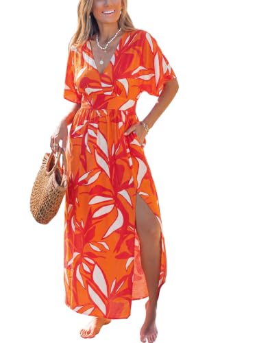 Image of CUPSHE Women's Summer Boho Maxi Dress Paisley Floral V Neck Smocked Dress Beach Vacation Slit Hem Flowy Dress with Pockets