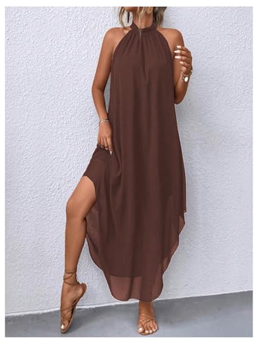 Image of Verdusa Women's Wedding Guest Dress Halter Flowy Chiffon Long Dresses | Cocktail Dress, Asymmetrical Dress for Women, Sleeveless, Prom Dress, Cruise Outfits, Boho