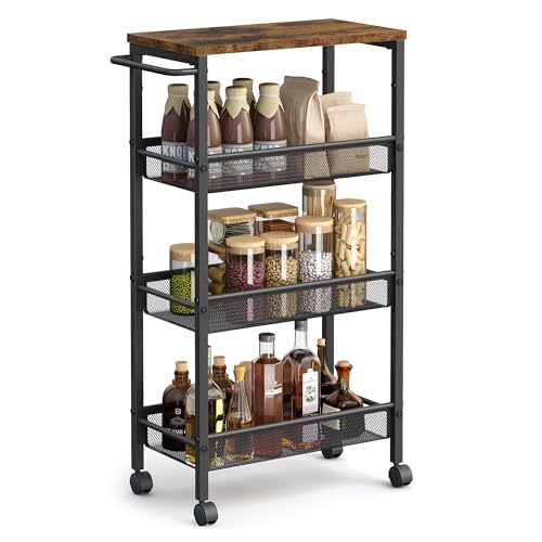 Image of VASAGLE Slim Rolling Cart, 4-Tier Storage Cart, Narrow Cart with Handle, 8.7 Inches Deep, Metal Frame, for Kitchen, Dining Room, Living Room, Home Office, Rustic Brown and Classic Black ULRC033B01