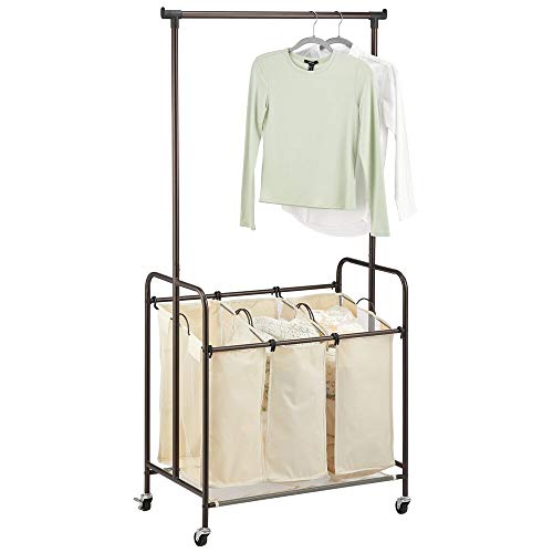 mDesign Portable Laundry Sorter with Wheels and Attached Steel Hanging Bar - 3