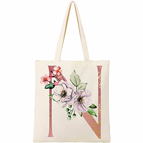 BeeGreen Aesthetic Canvas Tote Bag for Women with 2 Inner Pockets, Natural and Pink, Large