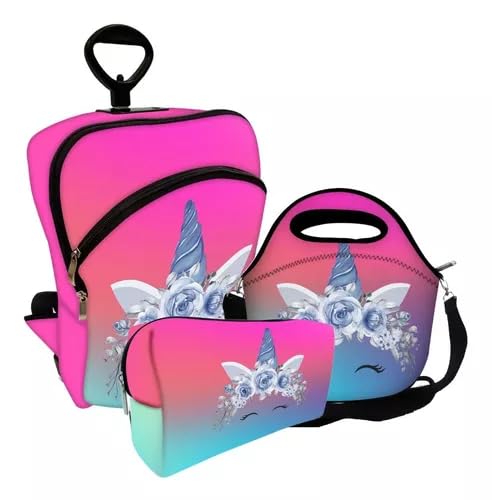 Kit Mochila Escolar Com Carrinho + Lancheira+ Estojo Unicórnio Colors