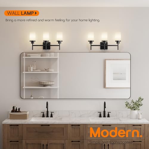 Image of Vanity Lighting Fixtures Oil Rubbed Bronze 3-Light with White Frosted Glass Shade, Wall Sconces for Bathroom Cabinet Porch Kitchen T001ORB-L3