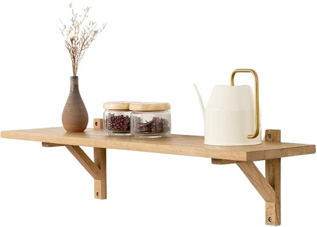 Gieanoo Oak Floating Shelf, Solid Oak wood Wall Shelf Rustic Display Shelf with 2 Triangle Brackets for Bedroom Living Room Kitchen Office Farmhouse