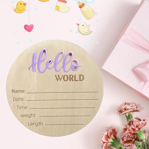Image of Baby Announcement Sign, ​5.9 Inch Wooden Hello World Newborn Signs, Birth Announcement Sign, Baby Shower Hospital Nursery for Newborn Boys and Girls (Purple)