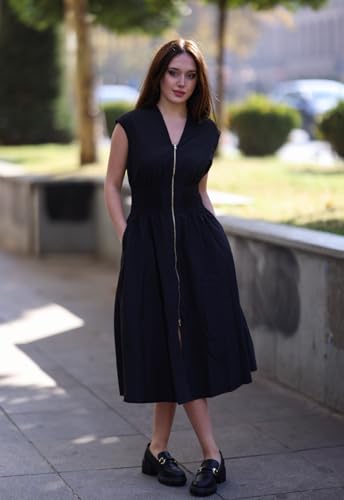 GRACE KARIN Womens Summer Casual Dress V Neck Cap Sleeve Zipper Front Flowy Midi Dress with Pockets4