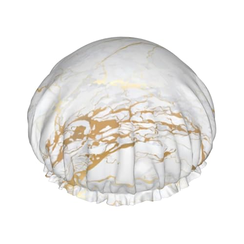 Gorro de ducha impermeable con banda elástica, gorro de ducha reutilizable de doble capa para mujer,Mármol blanco y dorado