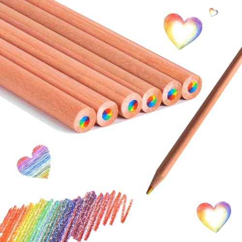 Canollo Regenbogenstifte Kinder 7 in 1 6 Stück Regenbogenstift für Schultüte Füllung Regenbogen Stifte Kinder Regenbogenstifte für Mitgebsel Kindergeburtstag Einschulung Mädchen junge (Holzfarbe)