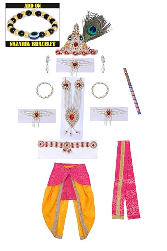 Image of Krishna Dress for Kids, Baby Krishna Dress for Janmashtami with Krishna Mukut, Peacock Feather & Flute Embroidered Krishna Costume for Girl & Boy, 3 Months-8 Years