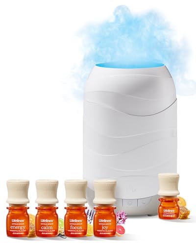 Lifelines Waves Ultrasonic Essential Oil Diffuser with 4-Pack Citrus Grove Oil Blends - 200ml Aromatherapy Diffuser with Cascading Mist & Auto-Shut Off Features - Home & Bedroom Essentials