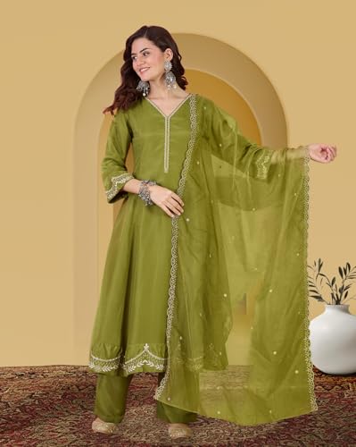 Image of Amazon Brand - Tavasya Women Vichitra Zari Sequence Embroide Kurta with Pant and Dupatta|Kurta Set|Ethnic Wear|Salwar Suit|3 Piece Set