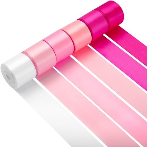 LIUYAXI Pink Double Face Satin Ribbon 1-1/2 Inch x 6 Rolls Total 60 Yards- White Pink Ribbon for Gift Wrapping Crafts Flower Bouquets Hair Bows Wedding Valentines Day
