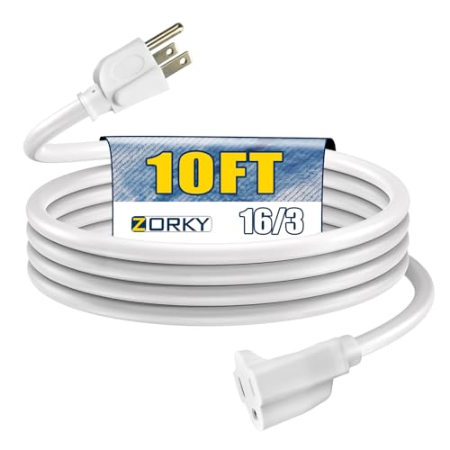 Image of 10ft Outdoor Extension Cord - 16 /3 Heavy Duty SJTW Waterproof White Electrical Cable with 3 Prong Grounded Plug for Safety, Great for Lawn and Major Appliances
