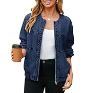 Glamaker Womens Zip Up Jean Jacket Casual Crew Neck Relaxed Fit Jean Jacket With Pockets Fall Out...