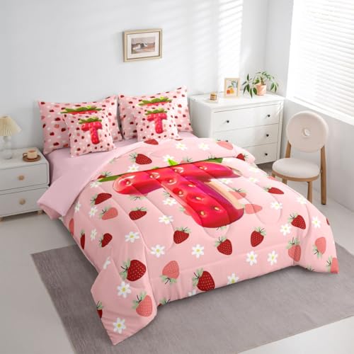 Image of Feelyou Girls Cute Strawberry Comforter Set Full Size 7 Pieces Pink Strawberry Bedding Set for Kids Boys Girls Initial Letter T Bed in a Bag with Comforter, Sheets, Pillowcases, Cushion Covers