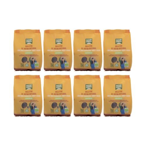 NaturGreen - Galletas Ecológicas de Avena Integral con Trigo Sarraceno, Coco y Cacao Bio, Pack 8 x 140 g, Snack Saludable y Vegano, Rico en Fibra, Desayuno y Merienda
