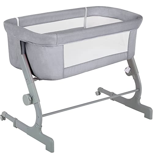 Image of Arlopu Baby Bassinet, Height Adjustable Crib for Baby, Portable Bedside Sleeper with Wheels, Carry Bag, Breathable Mesh, for Newborn/Infant, Easy to Assemble (Grey)
