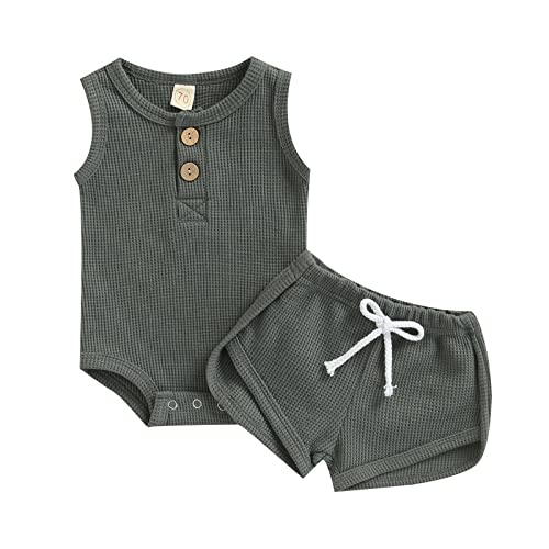 Image of Ledy Champswiin Summer Newborn Baby Boy Girl Clothes Set Ribbed Outfits Unisex Infant Solid Short Sleeve Tops Shorts 2PCS