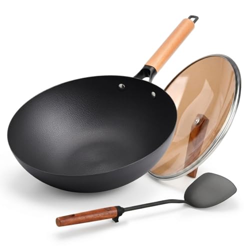 Image of WANGYUANJI 12.6 inch Carbon Steel Wok with Lid, Flat Bottom Wok Pan for Induction and Gas Stoves, Heavy Duty Unseasoned Asian Stir Fry Pan with Detachable Wooden Handle