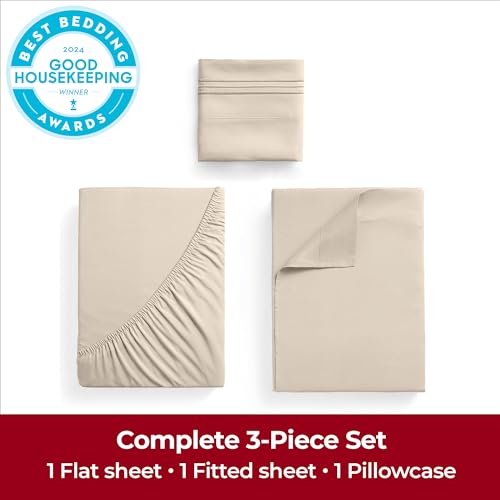 Image of Mellanni Extra Deep Twin Sheets - 3 PC Iconic Collection Bedding - Hotel Luxury, Ultra Soft, Cooling Bed Sheets - Wrinkle, Fade, Stain Resistant (Twin, Beige)