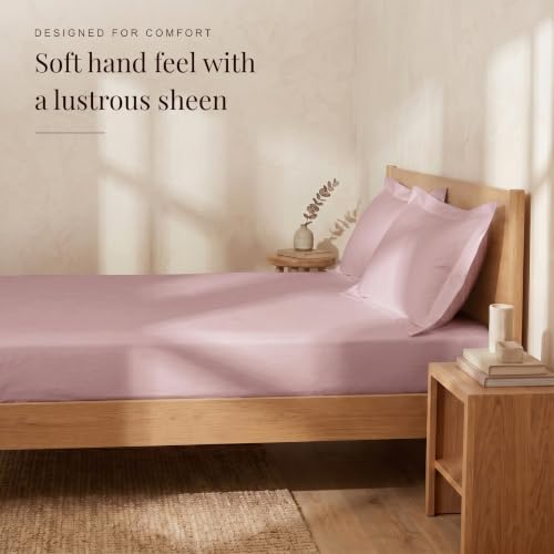 Image of Huesland 300 TC Premium 100% Pure Cotton Luxe Soft Touch Fitted Single Size Bedsheet Cotton with 2 Pillow Covers | Cameo Pink | 36 x 78 Inches
