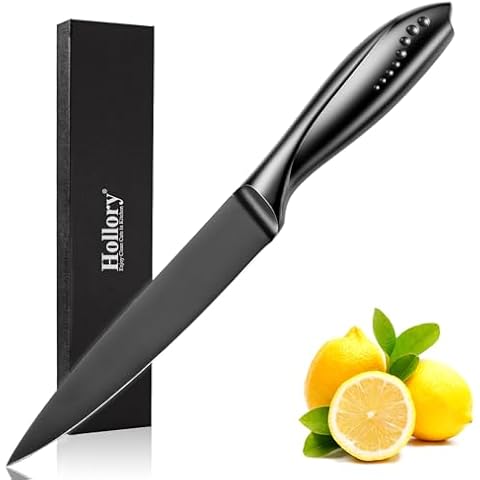 Hollory 5 Inch Utility Knife, Super Sharp German High Carbon Stainless Steel Blade and Full Tang Handle, Non-Stick Coated Kitchen Utility Multi-Purpose Knife-Black Cover