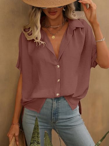 Image of GRECIILOOKS Oversized Shirt for Women | Shirt Top for Woman |Women's Color Block Button Down Blouse - Casual Loose Fit Short Sleeve Summer Shirt's Work, Vacation & Everyday Wear