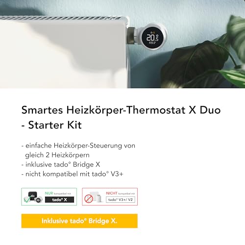 tado° Smartes Heizkörperthermostat X – Starter Kit mit Bridge X, Heizungssteuerung per App und...