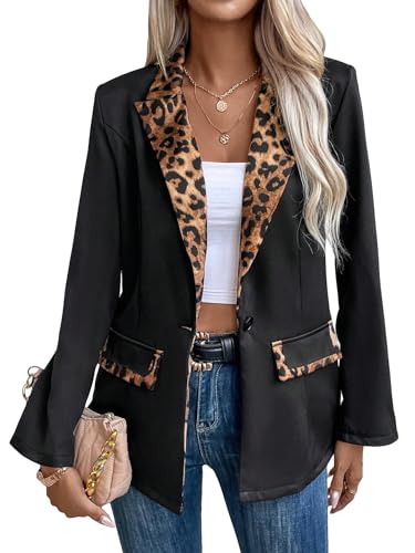 WDIRARA Women's Leopard Print Shawl Collar Single Button Long Sleeve Casual Blazer Top - Main Image