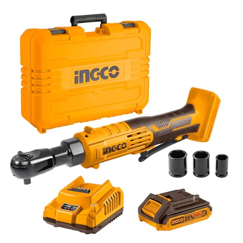 Ingco Cordless Ratchet Wrench 20V with LED Light, 3/8" Electric Drive Ratchet with 1Pcs 2.0Ah Battery, 1Pcs Charger, 3Pcs Sockets, 65Nm CDRLI2060152
