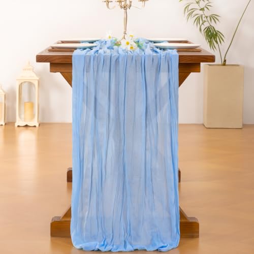 Image of Socomi 2pcs Light Blue Cheesecloth Table Runner Easter Spring Boho Rustic Gauze 120 inch 10FT Cheese Cloth Runner for Wedding Party Baby Shower Birthday Home Decor Holiday Decorations