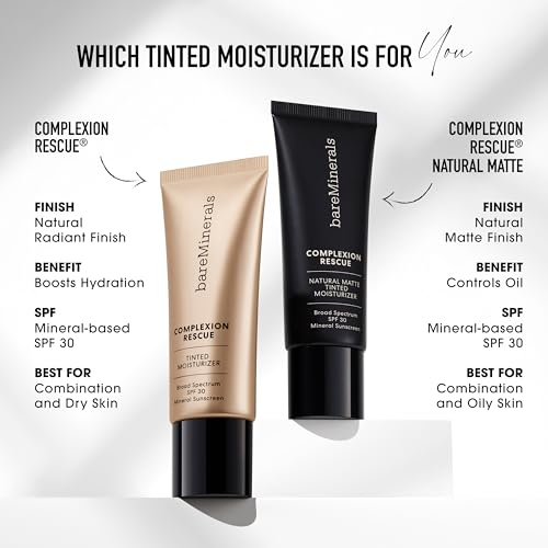 Image of bareMinerals Complexion Rescue Tinted Moisturizer with SPF 30, Hydrating Tinted Mineral Sunscreen with Hyaluronic Acid, Sheer-to-Light Coverage, Multi-tasking, Skincare Infused Makeup