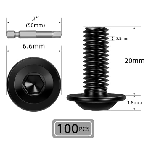 Image of M3-0.5 x 20mm 100 PCS Flanged Button Head Socket Cap Bolts Screws, Stainless Steel 304, Allen Socket Drive, Screwdriver Bit Included, Black Finish, Fully Machine Thread