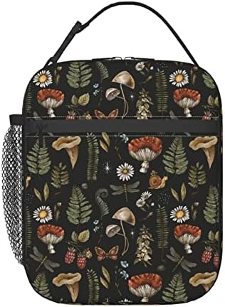 SUPLUCHOM Lunch Box Vintage Magic Mushroom Leaf Forest Insulated Bag Reusable Leakproof Food Tote Container with Side Pocket for Work School Picnic Hiking Daytrip Kid Over 3 Years Old