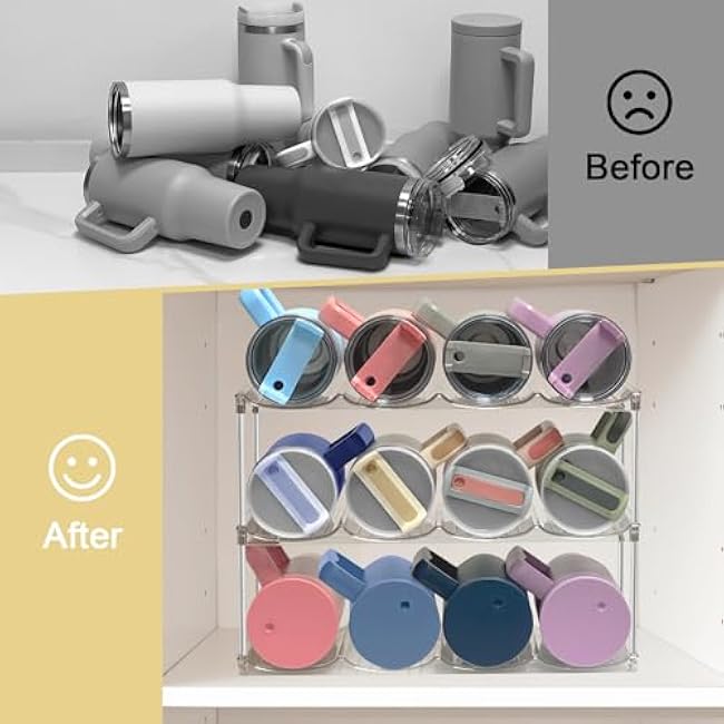 Stackable Water Bottle Organizer & Holder for Cabinet - Clear Acrylic Tumbler Storage Rack for Stanley 40oz Cups, Wine Bottles & Large Tumblers - 3-Tier Pantry and Kitchen Organizer Holds 12Bottles?