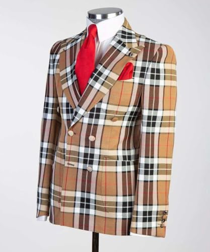 Men's Checked Blazer Double Breasted Jacket Formal Business Activity Suit Coat3
