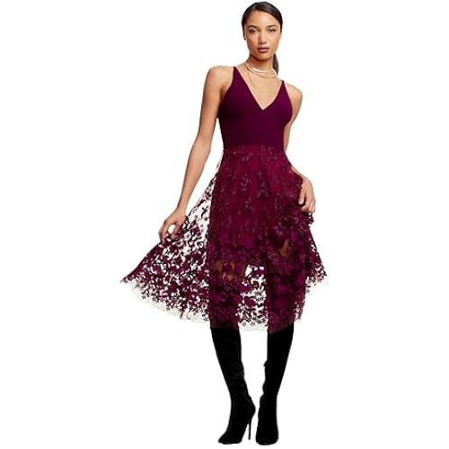 Dress the Population Women's Darleen Sleeveless Plunging Neckline Fit and Flare Midi Dress