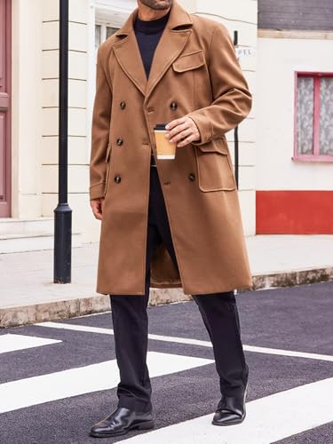 Image of Runcati Mens Trench Coat Notch Lapel Double Breasted Peacoat Wool Blend Casual Long Overcoat
