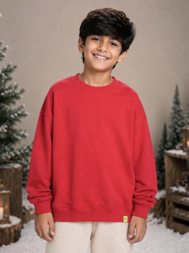 Image of KiddoPanti Boys Solid Round Neck Full Sleeve Fleece Sweatshirt | 60% Cotton 40% Polyester | Soft Warm Winter Pullover | Ribbed Cuffs & Hem | Casual Winter Sweatshirt for Kids