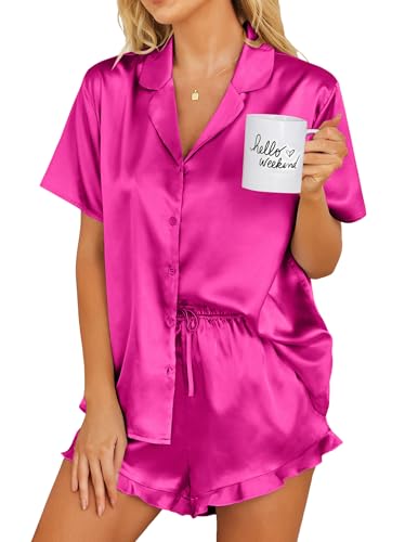 Image of Ekouaer Womens Satin Pajamas Set Button Down 2 Piece Silk Pjs Shorts Set Ruffle Lingerie Notch Collar Sleepwear