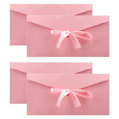 Hopzab 4 Pack Kraft Paper Envelopes with Ribbons Pink Money Wallets Cash Gifts Vintage Invitation Card Envelopes for Festival Party Handmade Invitations Wedding Birthday
