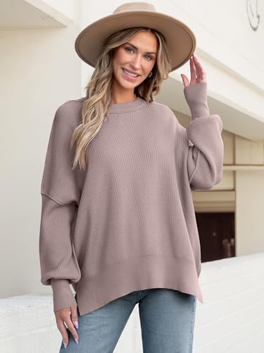 Image of ANRABESS Women Oversized Sweaters Batwing Long Sleeve 2026 Fall Outfits Crewneck Casual Knit Side Slit Fashion Pullover Top