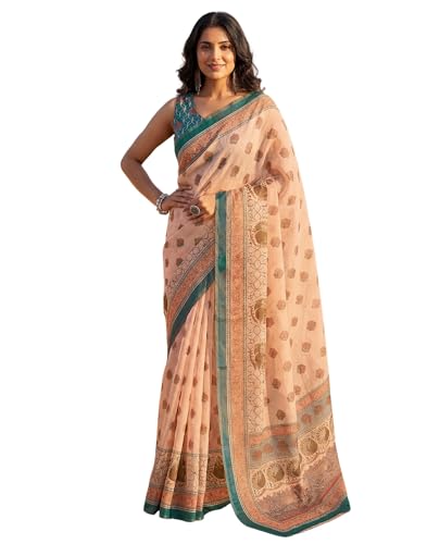 Image of SIRIL Women's Printed Cotton Linen One Minute Ready to Wear Saree With Unstitched Blouse Piece
