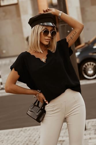 miduo Womens Scallop Trim Summer Fashion Solid Short Batwing Sleeve V Neck Blouses Tops3