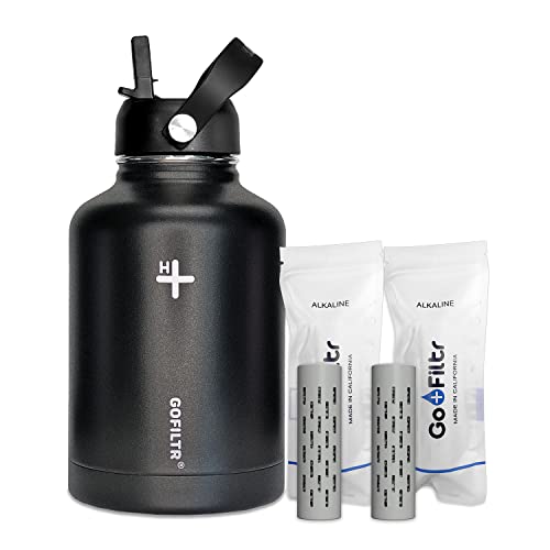 Gofiltr Water Bottle (50 Oz) + 2 Alkaline 9.5 Ph Infusers - 1500 Refills + Straw Lid | Sport Water Jug, Vacuum Insulated Stainless Steel | Creates Natural Ionized Mineral Alkaline Water | Color: Onyx #TOP5