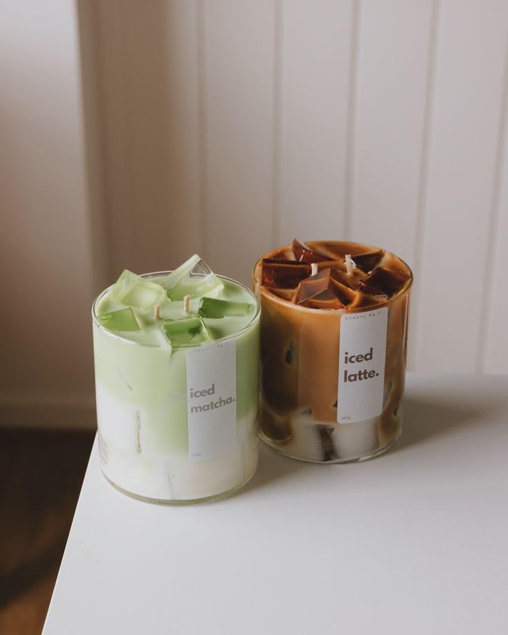 Matcha Latte and Cold Coffee Scented Candles, Mojito Green and Brown, Handmade Summer Candle Pack of 2-image-4