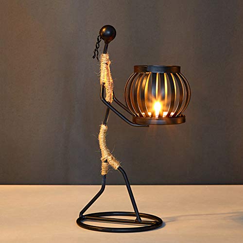 2Pcs Candle Holders for Tables, Retro Black Iron Tea Light Candle Holders Vintage Candlestick Stand Little Girl Shaped with Hemp Rope Design for Living Room Valentine Wedding Christmas Decoration (B)