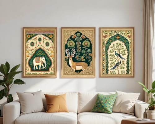 Image of Artify Set of 3 Traditional Mughal Animal Bird Wall Paintings for Living Room Bedroom Home Decor with Premium Wooden Color Synthetic Frame